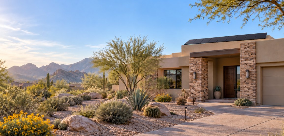 Southwestern Arizona home with rooftop solar panels, desert landscaping and mountains at sunrise