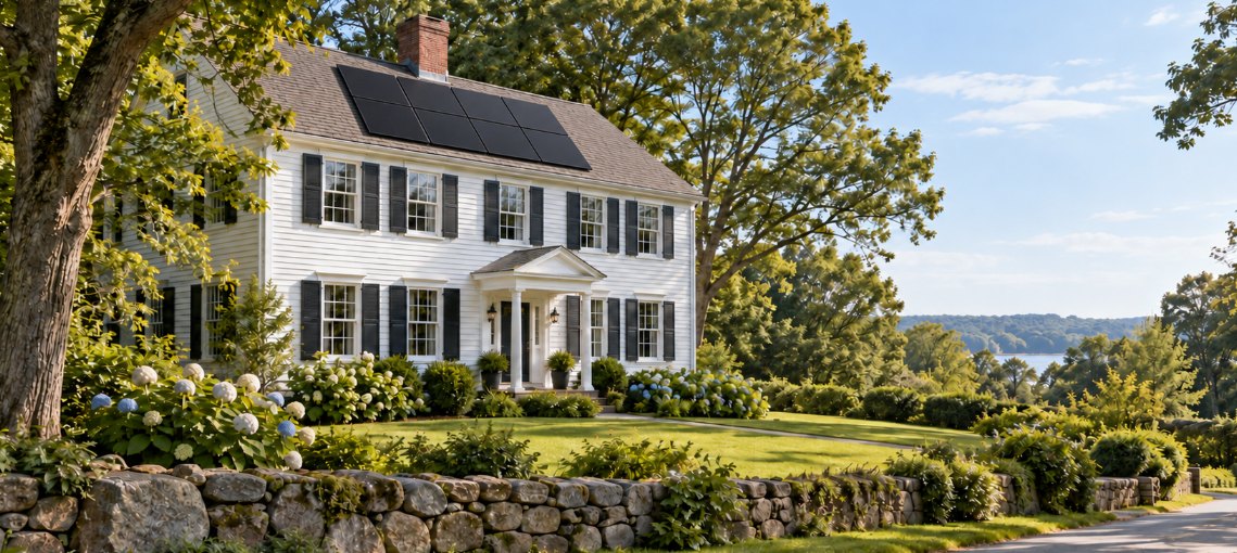 White New England colonial home in Connecticut with rooftop solar panels, hydrangeas and a fieldstone wall
