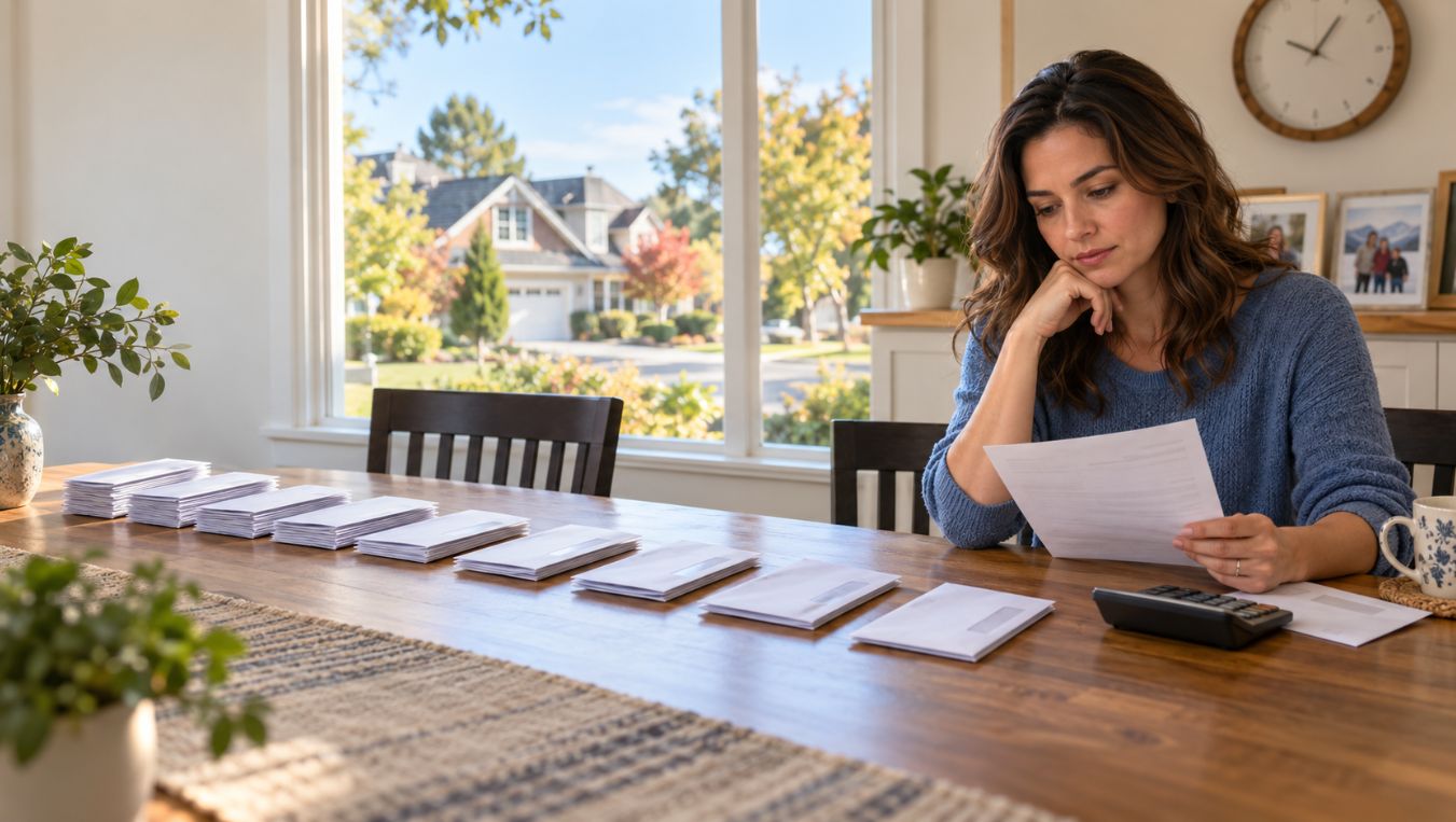 Homeowner at a dining table reviewing a stack of monthly electric bills with a calculator