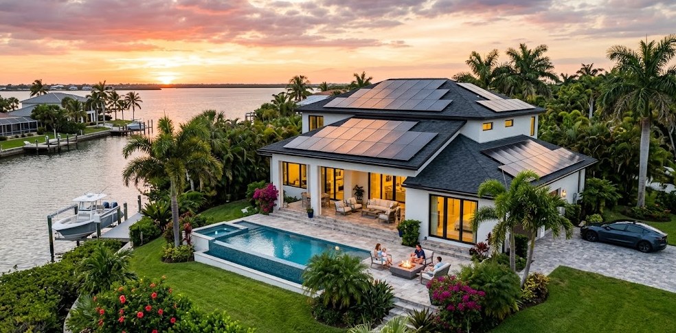 Waterfront Florida home with rooftop solar panels at sunset