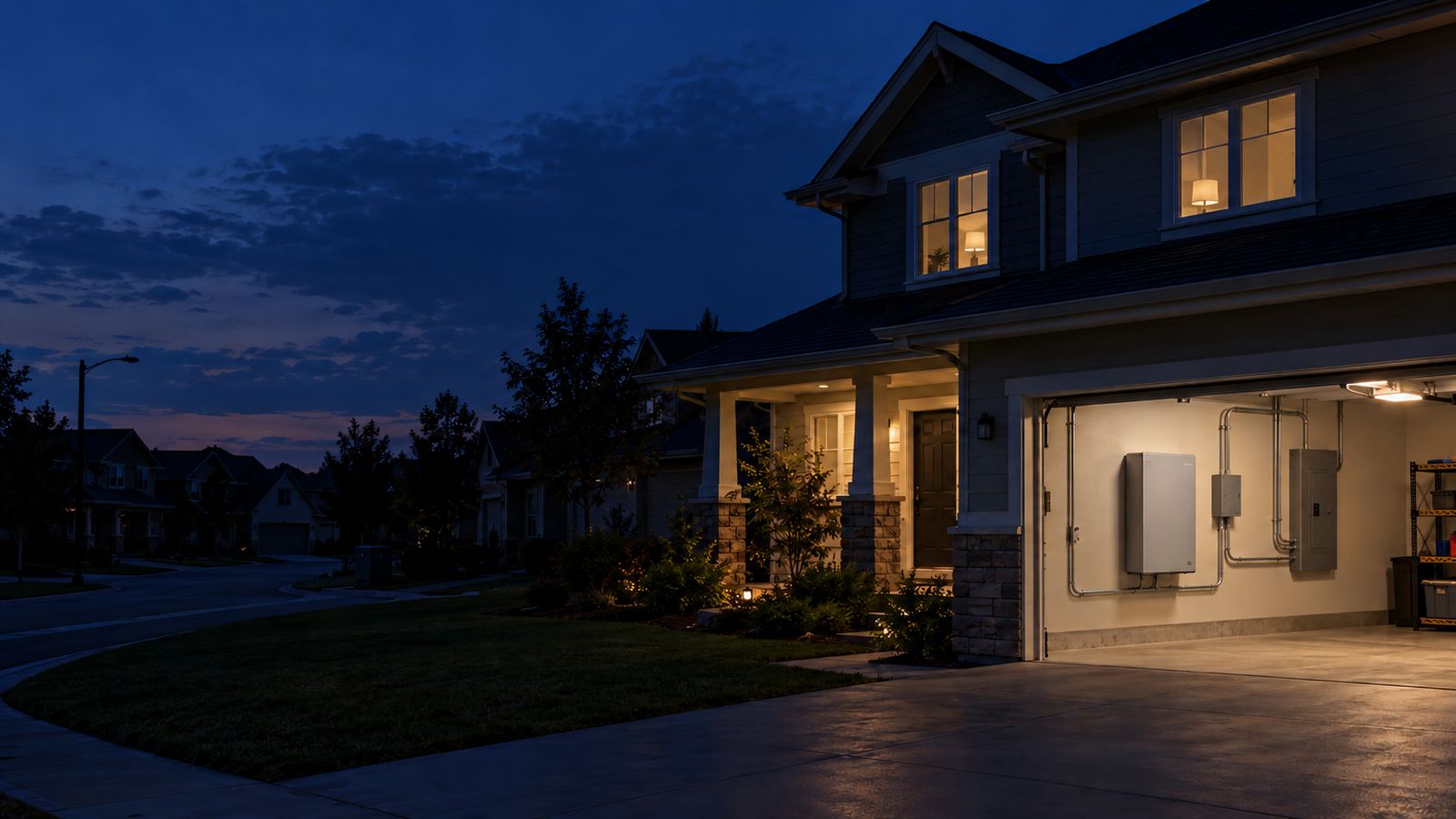 Two-story home at dusk with lights on and a wall-mounted home battery in the open garage