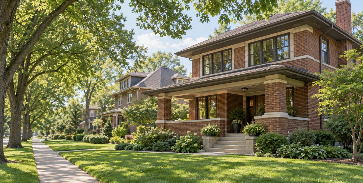 Illinois brick home on a tree-lined residential street