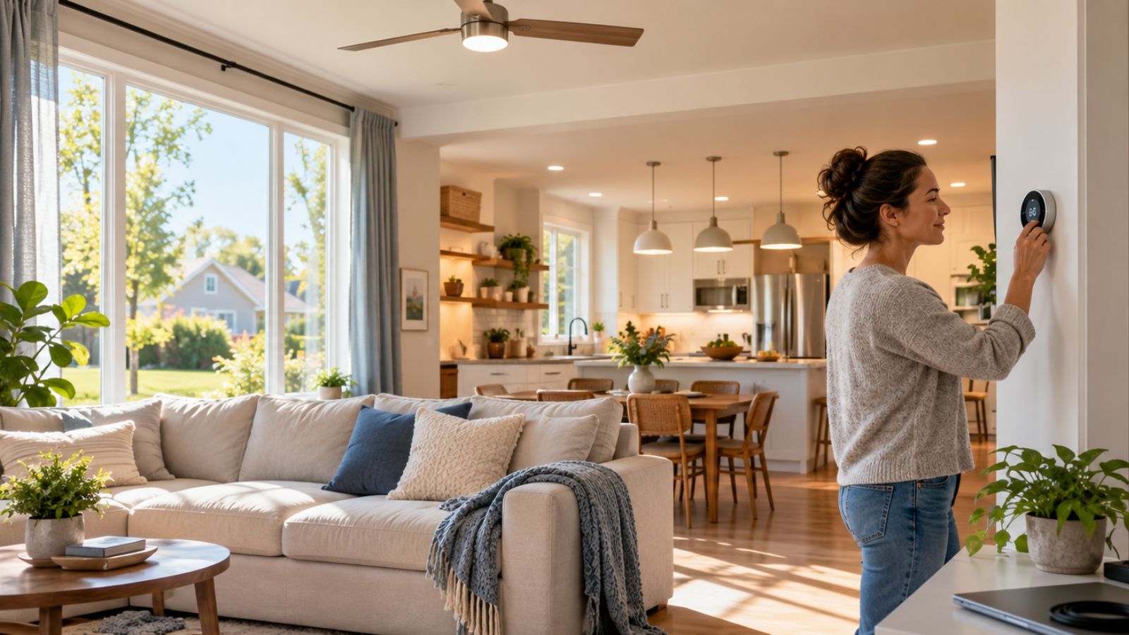 Homeowner adjusting a smart thermostat in a bright, open living room and kitchen