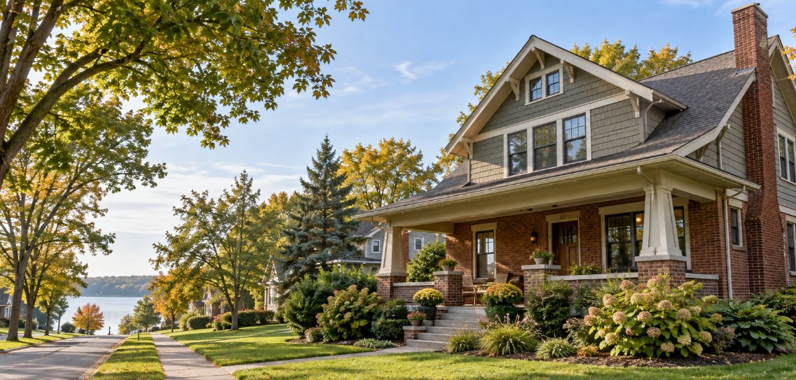 Brick craftsman home on a tree-lined Michigan street in autumn with a lake in the distance