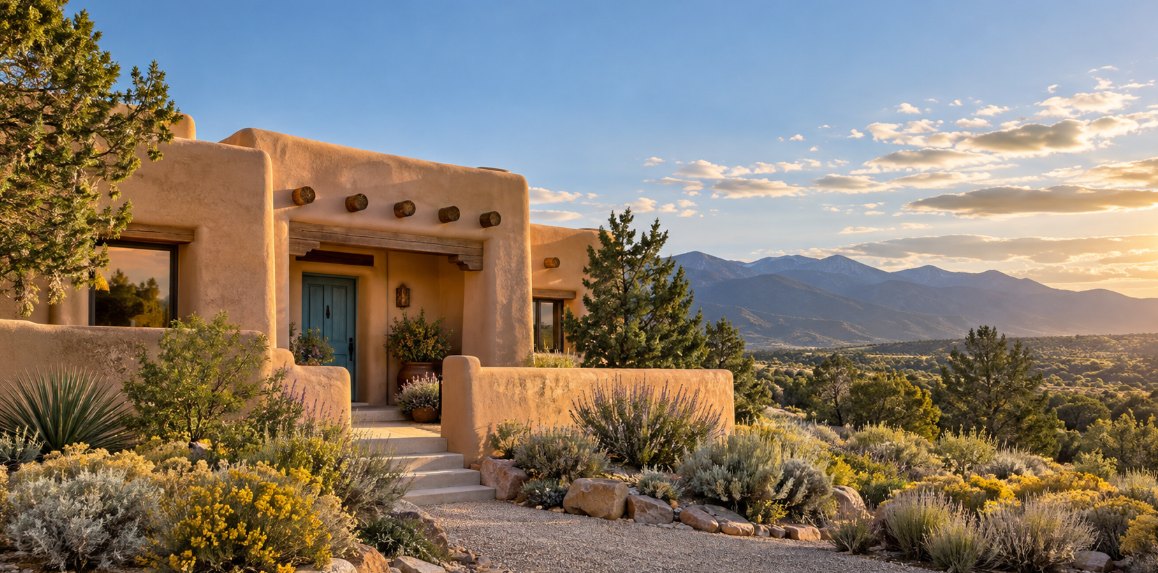 Adobe-style New Mexico home at sunset with mountain views and high-desert landscaping