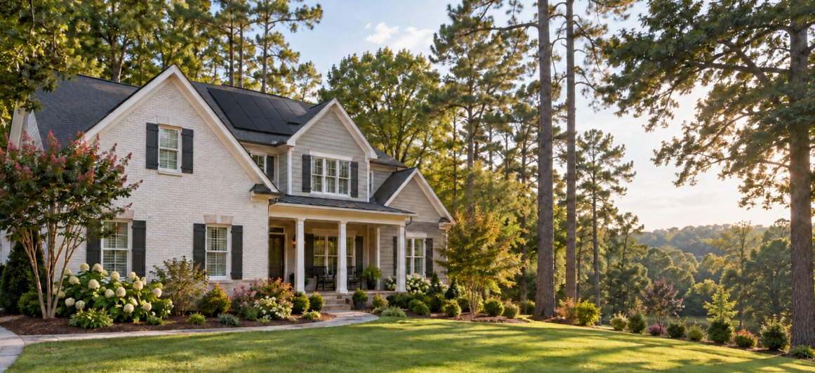 Brick North Carolina home with rooftop solar panels, a covered porch and tall pines at sunset