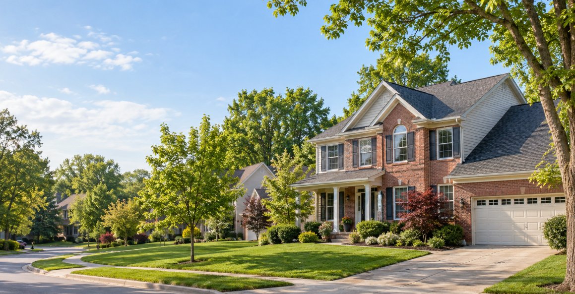 Ohio neighborhood of brick homes on a tree-lined street