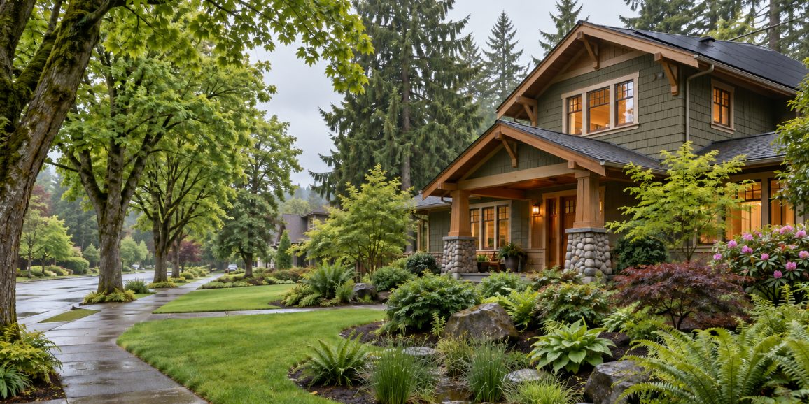 Craftsman home on a tree-lined Oregon street after rain, with ferns and evergreen landscaping