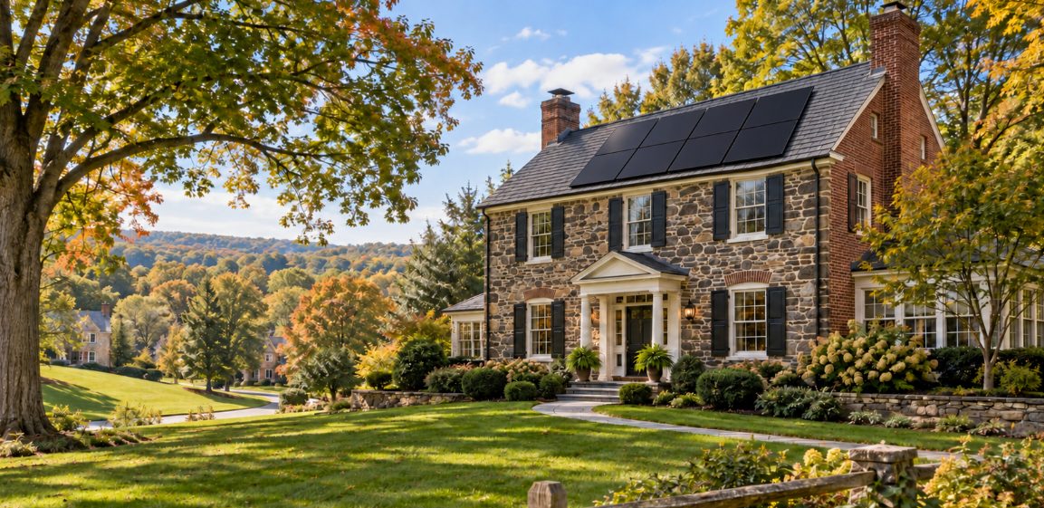 Pennsylvania fieldstone colonial home with rooftop solar panels surrounded by autumn foliage