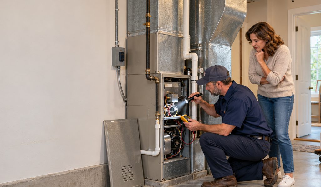 HVAC technician inspecting a furnace with a flashlight and meter while the homeowner watches