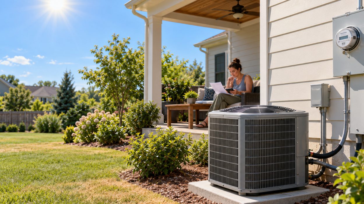 Outdoor air conditioner unit beside a home on a sunny summer day while a homeowner reviews her bill on the porch