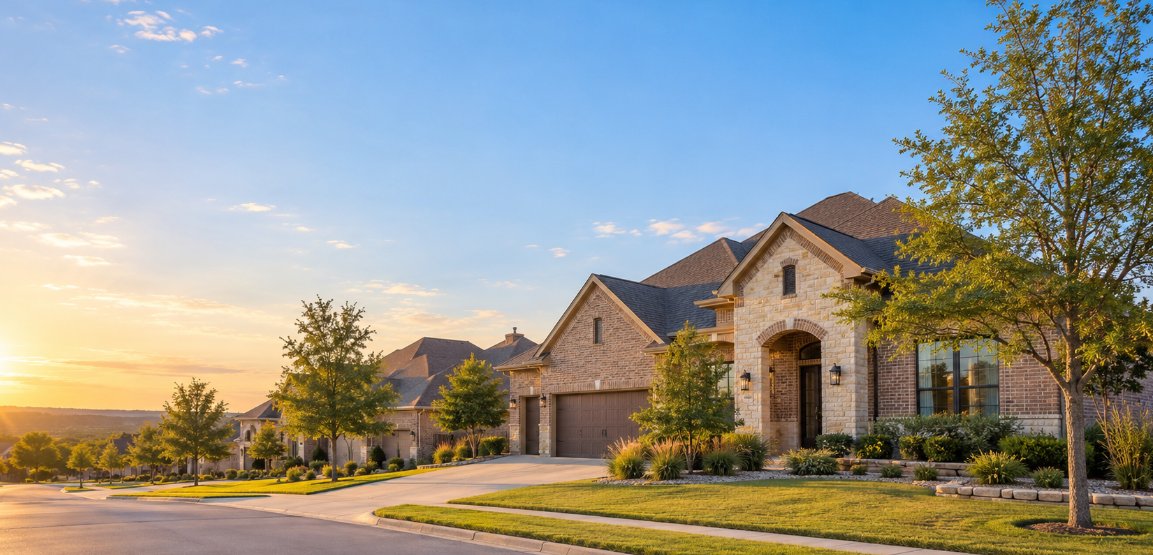 Texas neighborhood of brick homes at sunset