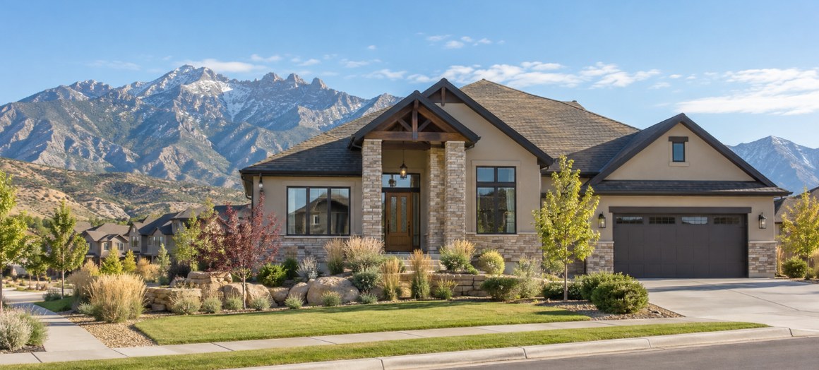 Craftsman style Utah home with mountain views, stone accents and a landscaped front yard