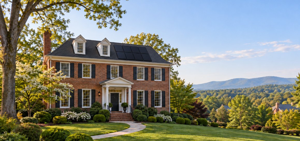 Brick colonial Virginia home with rooftop solar panels and Blue Ridge foothills in the distance